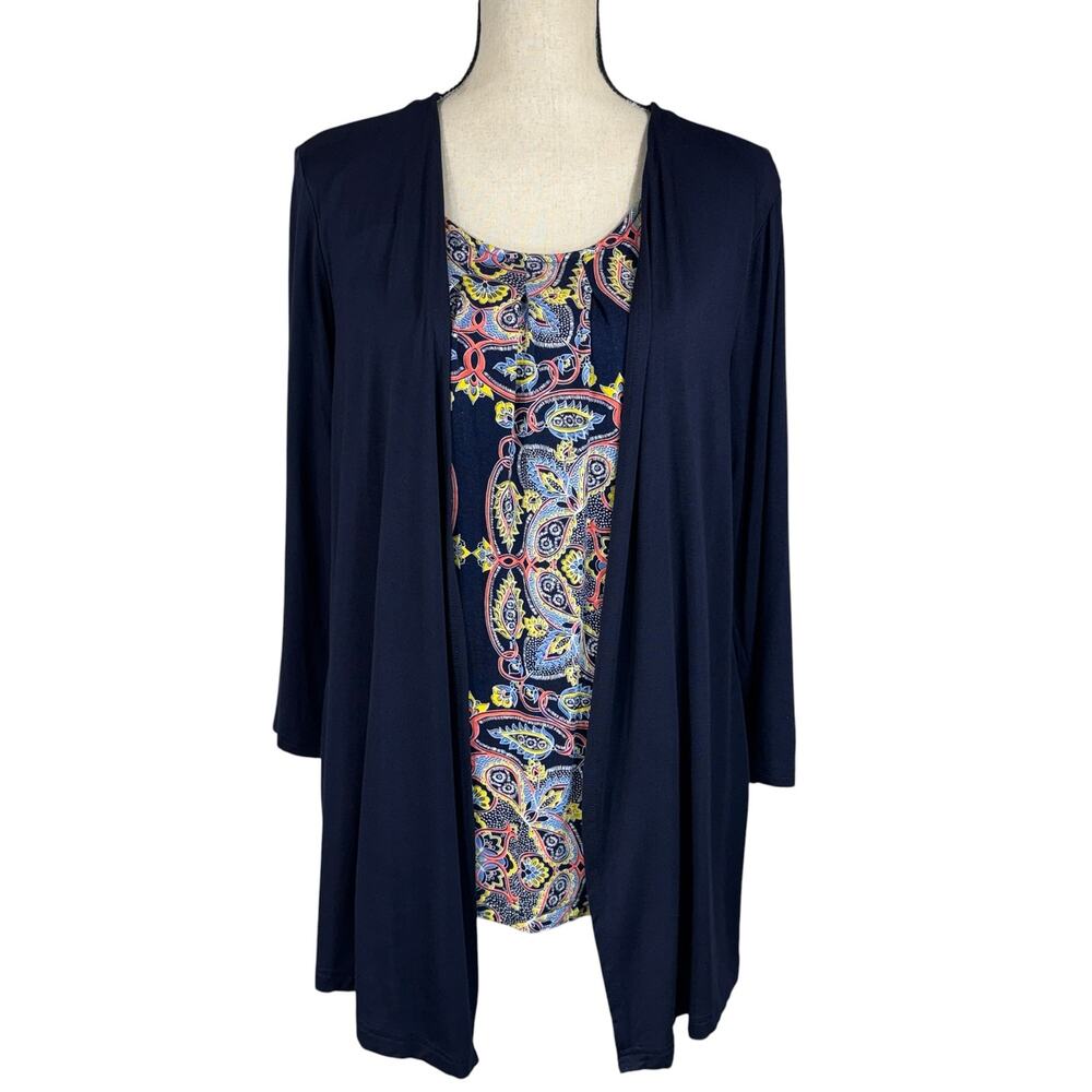 Croft & Barrow X-Large 2-Fer Top Stretch Geometric 3/4 Sleeves Pleated Pullover